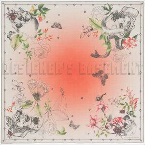 ALEXANDER MCQUEEN ivory & coral BOTANICAL SKULL silk chiffon 52"-sq scarf shawl